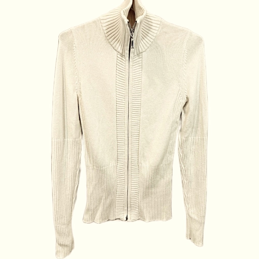 Boston Proper Cotton Sweater Women’s XS Cream White Full Zip Knit Ribbed Trim